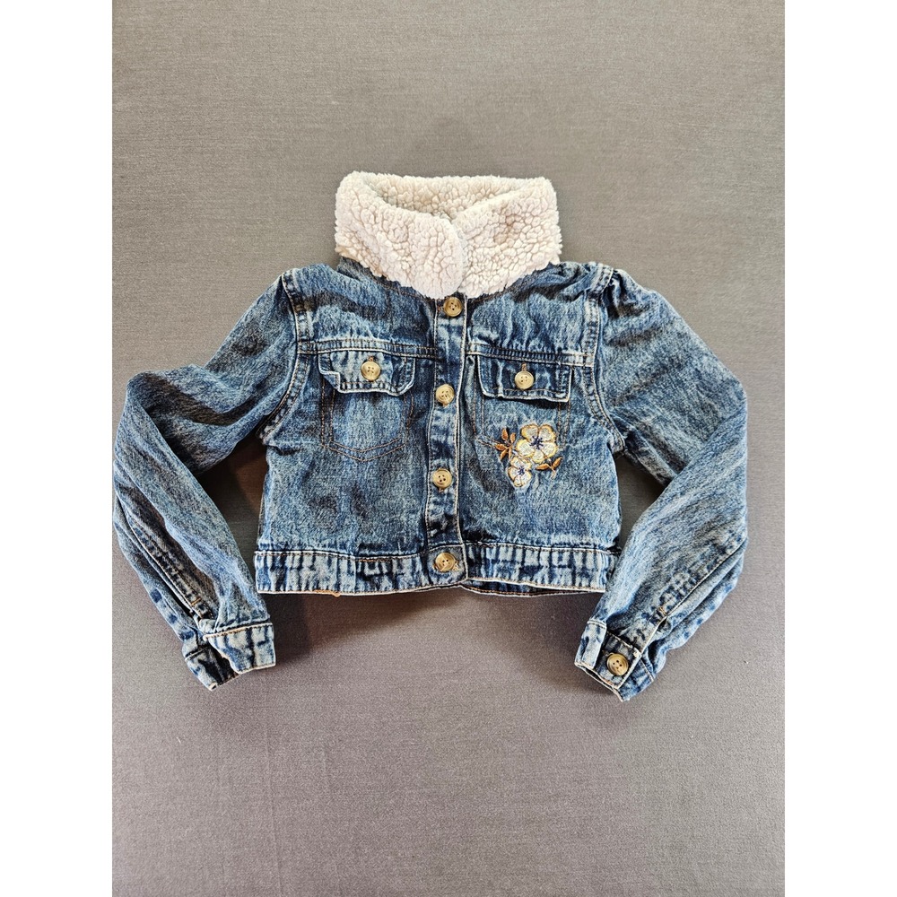 Daisy Fuentes Girls Acid Wash Denim Jacket Faux Shearling Collar Blue Size 6